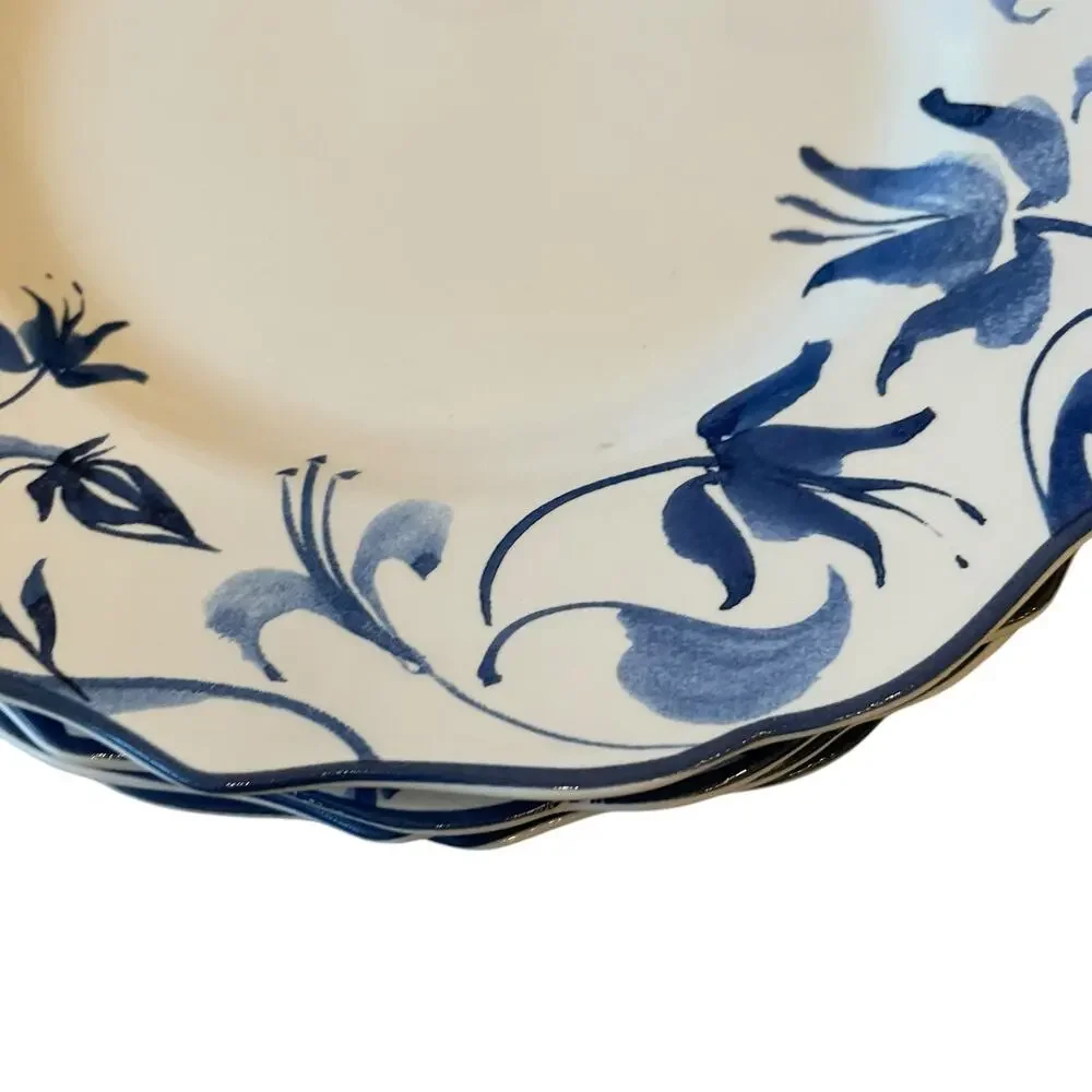 New 222 Fifth AYLA Blue Floral Porcelain 8.5in Salad Plates Scalloped Set of 4